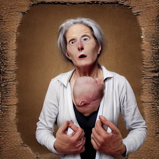 Image similar to photos of an anxious 5 5 year old woman hypochondriac, surrealism, in the style of annie leibovitz - h 6 4 0