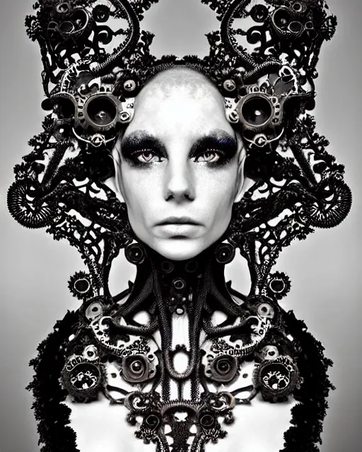 Prompt: surreal black and white photo portrait of complex bio-mechanical beautiful young female vegetal-cyborg with a Mandelbrot fractal steampunk metal fine lace face, curled silver hair and a fine metal floral foliage super big lace collar by Alexander McQueen:: high fashion, haute couture, rococo, steampunk, silver filigree details, anatomical, facial muscles, cable wires, microchip, elegant, hyper realistic, 150 mm lens, soft rim light, octane render, unreal engine, picture was taken in 1910 by Dora Maar, volumetric lighting, 8k,