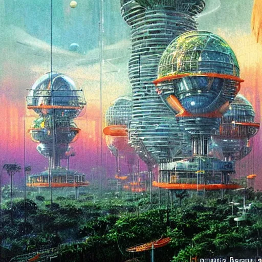 Prompt: nostalgic futuristic colony in a lush junge, research base with satellite dishes and labs, glass and steel and plants, moist and beautiful atmosphere, by Bruce Pennington