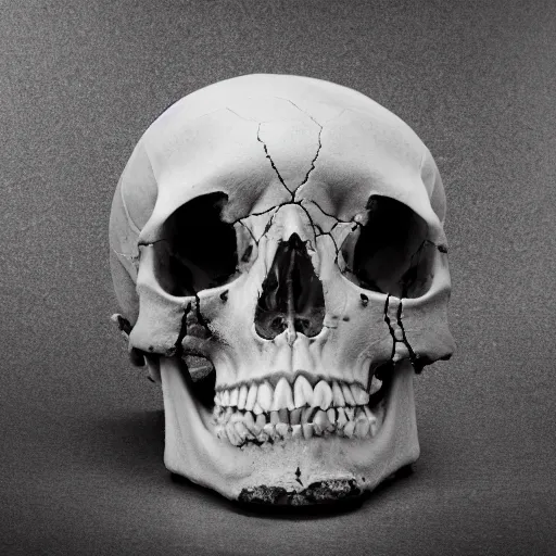 Image similar to professional photograph of a broken human skull, black fluid coming out, black and white, white background, 50mm, bright illumination, black and white, no border cuts