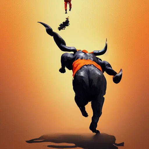 Image similar to man in orange t - shirt chased by big black bulls, concept design, contrast, kim jung gi, greg rutkowski, trending on artstation, 8 k, full body, turnaround, front view, back view, ultra wide angle