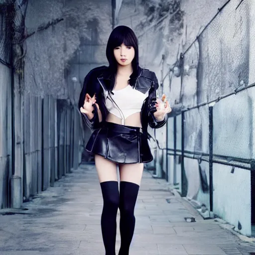 Image similar to a dynamic, epic cinematic 8K HD movie shot of a japanese beautiful cute young J-Pop idol actress yakuza rock star girl wearing leather jacket, miniskirt, nylon tights, high heels boots, gloves and jewelry. Motion, VFX, Inspirational arthouse, at Behance, with Instagram filters