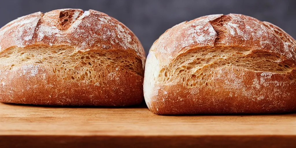 Prompt: Photograph of a delicious loaf of sourdough bread on a wooden breadboard