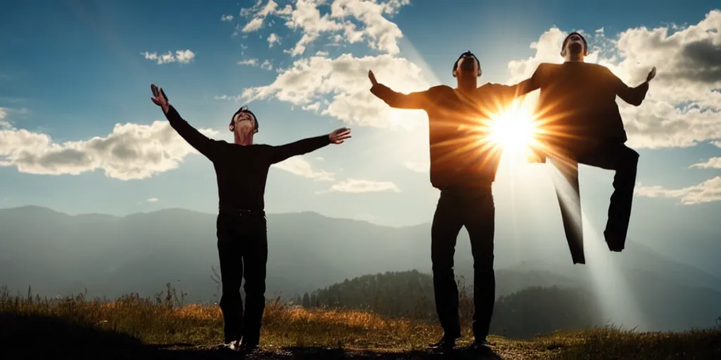 Image similar to a man is levitated by a sunbeam