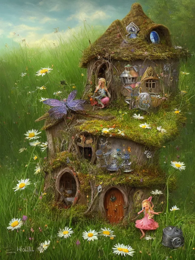Prompt: a soup can, fairy house next to daisies and tufts of grass by alex horley orlandelli, fantasy, artstation, d & d, smooth, illustration