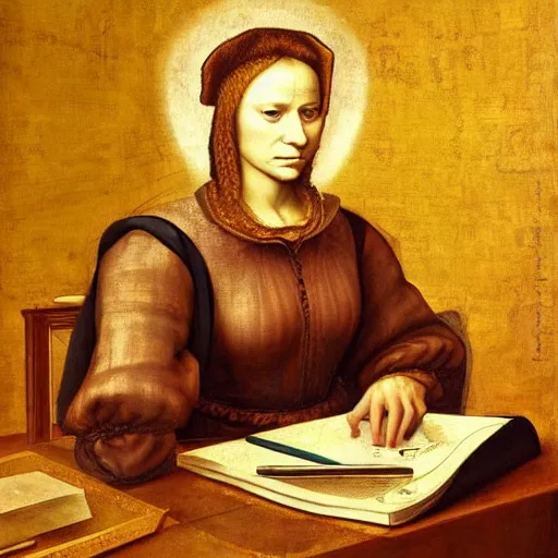 Image similar to a realistic renaissance portrait of hillary clinton hacking a computer, highly detailed, digital painting, featured on artstation, painted by leonardo da vinci, dramatic lighting