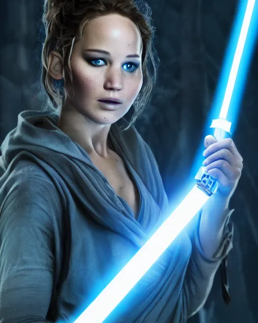 Image similar to jennifer lawrence as a jedi, battle scared with ripped clothes, holding up a blue lightsaber, very dark background, official new star wars episode xi movie poster from lucas arts, perfect symmetrical face, moody lighting, 8 k, shallow depth of field, intricate detail,