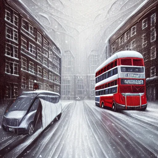 Image similar to a storybook illustration of a multistory bus in winter london road, intricate, elegant, fantasy, highly detailed, digital painting, concept art, sharp focus, artstation