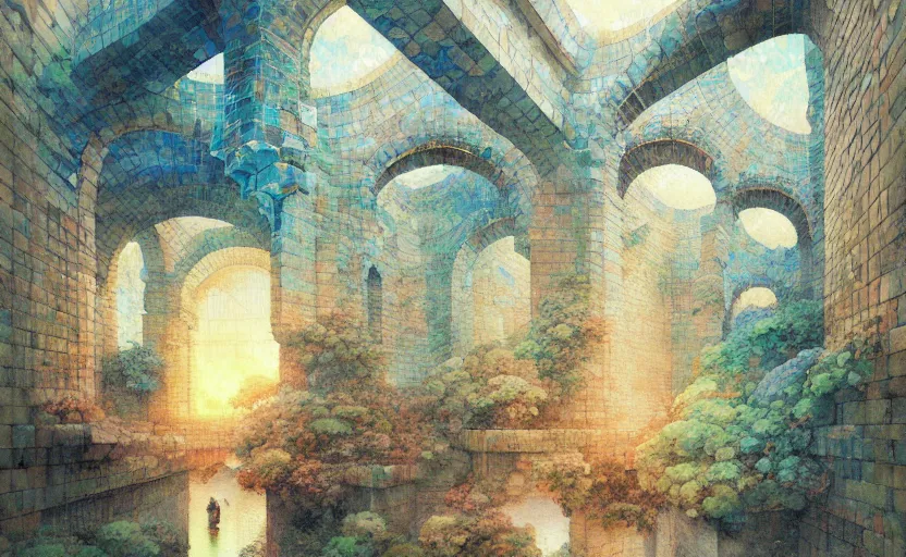 Image similar to tiled room squared waterway, aqueducts, fantasy. intricate, amazing composition, colorful watercolor, by ruan jia, by maxfield parrish, by marc simonetti, by hikari shimoda, by robert hubert, by zhang kechun, illustration, gloomy