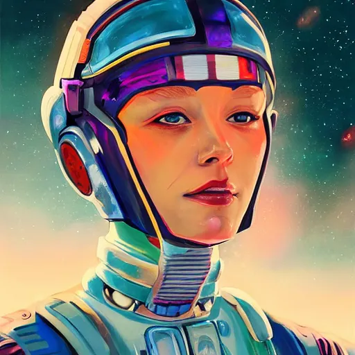 Image similar to colorful character portrait a woman in a space suit among the stars, set in the future 2 1 5 0, highly detailed face, very intricate, symmetrical, cinematic lighting, award - winning, painted by mandy jurgens, pan futurism, dystopian, bold colors, cyberpunk, groovy vibe, anime aesthetic, featured on artstation