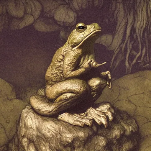 Prompt: toad philosopher toad in a pose The Thinker, swamp, toad by Auguste Rodin, beautiful toad, toad, illustrations by irish fairy tales james stephens arthur rackham, fairy tale illustrations, top cinematic lighting , very detailed, shot in canon, 8k, high resolution