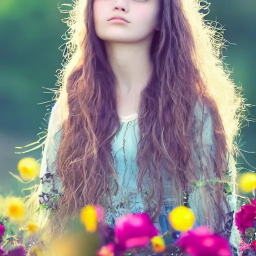 Prompt: a portrait of a young girl with wavey long hair, there is a bird on her head, there's flowers everywhere, very beautiful ambient light with sun rays hitting her hair, 8k photography,