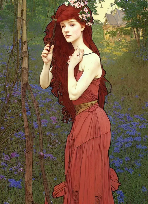 Prompt: young woman resembling alicia vikander with long red hair, wearing a dress, building a castle on the wooden floor in an old wooden house, path traced, highly detailed, high quality, digital painting, by studio ghibli and alphonse mucha, leesha hannigan, hidari, art nouveau, chiho aoshima, jules bastien - lepage