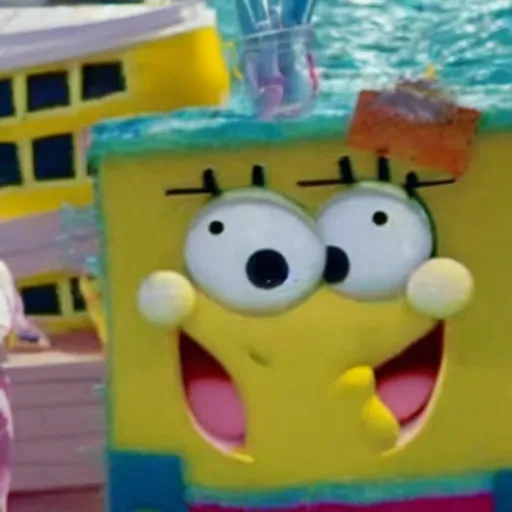 Prompt: real life sponge bob, a still of a pop music video