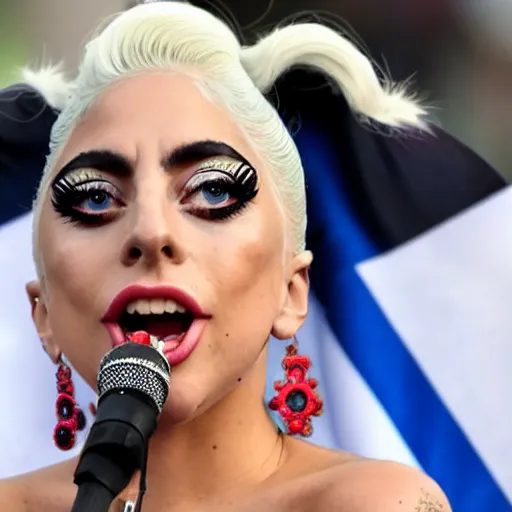 Image similar to Lady Gaga as president, Argentina presidential rally, Argentine flags behind, bokeh, giving a speech, detailed face, Argentina