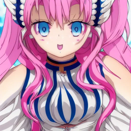 Image similar to stunningly beautiful omnipotent megalomaniacal anime goddess with porcelain skin, pink twintail hair and mesmerizing cyan eyes, symmetrical perfect face smiling in a mischievous, devious and haughty way while looking down upon the viewer, mid view, hyperdetailed, 2 d, 8 k