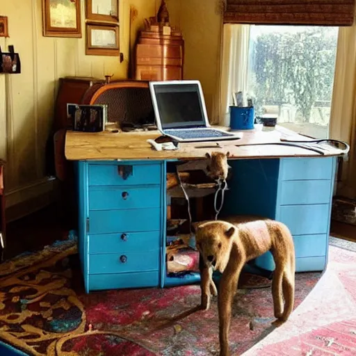 Prompt: Working desk in the middle of a Victorian blue polar bear sitting on a chair library, morning sun coming through the windows, top post on CozyPlaces subreddit
