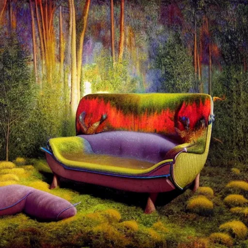 Image similar to psychedelic couch sofa in the lush pine forest, milky way, people with moose antlers, designed by arnold bocklin, jules bastien - lepage, tarsila do amaral, wayne barlowe and gustave baumann, cheval michael, trending on artstation, star, sharp focus, colorful refracted sparkles and lines, soft light, 8 k 4 k