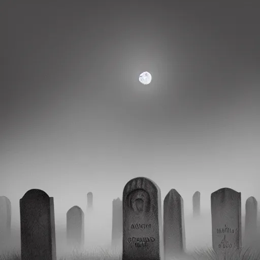 Prompt: an eerie graveyard with ancient tombstones, misty, strands of fog, creepy, night lighting, finely detailed black and white pencil drawing