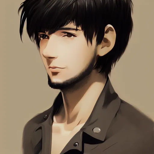 Image similar to Anime portrait of a man by Ilya Kuvshinov, he is about 30 years old, short black hair with bangs, his features are a mix between French, Turkish and Russian and he is wearing a beige and black utility jumpsuit, highly detailed portrait, digital painting, artstation, concept art, smooth, sharp foccus ilustration, Artstation HQ