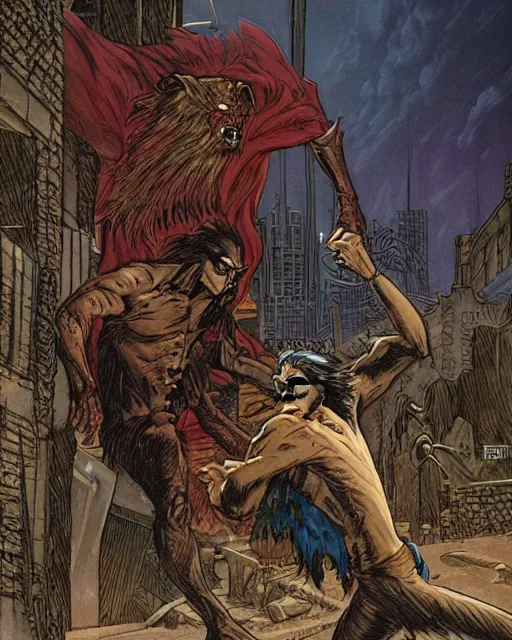 Image similar to a single werewolf fighting a single vampire in a dark brisbane alley, hd concept art by ron spencer and jean giraud and ralph macquarrie.