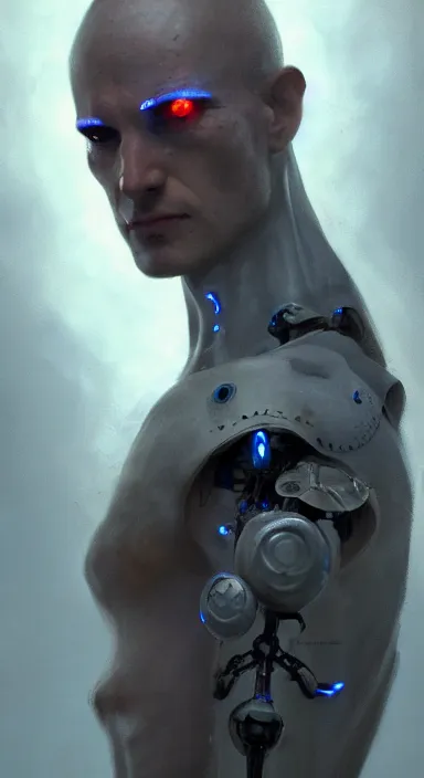 Image similar to full length portrait of a catholic cyborg monk robot dj with piercing blue eyes, dramatic light, cinematic background, depth, high detail, digital art, 4 k, painted by greg rutkowski and quentin tarantino, trending on artstation