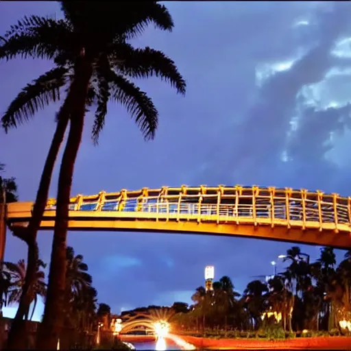 Prompt: blue hour, mostly cloudy sky, palm trees, bridge, curved bridge, dusk, 2 4 0 p footage, 2 0 0 6 youtube video