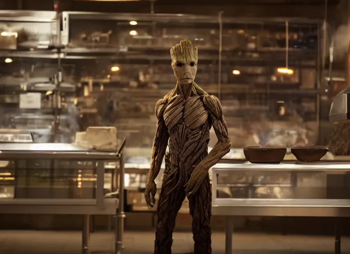 Image similar to film still of Groot working as a chocolatier in the new Avengers movie, 4k