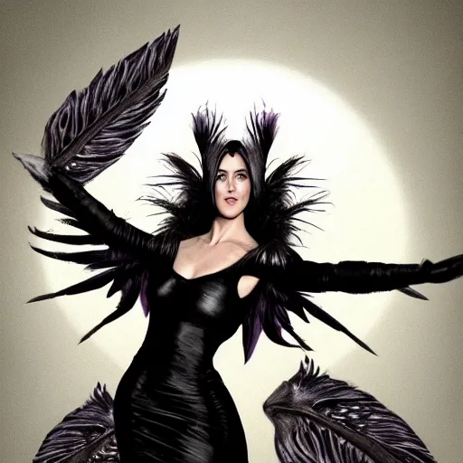 Prompt: young innocent jennifer connelly as youthful alien bird - woman, dark fae, modestly dressed, reading in library, gray skin, huge wings, black feathers instead of hair, black feathers growing out of skin, bumpy skin, black feathers growing out of face, black hands with black claws, comic book, ink, mucha, trending on artstation