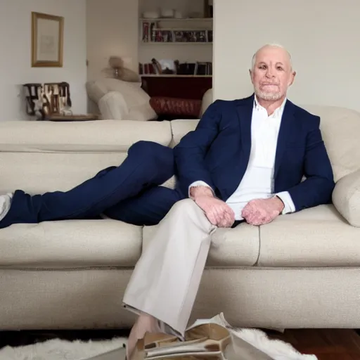 Image similar to mature man is sitting gracefully on a sofa