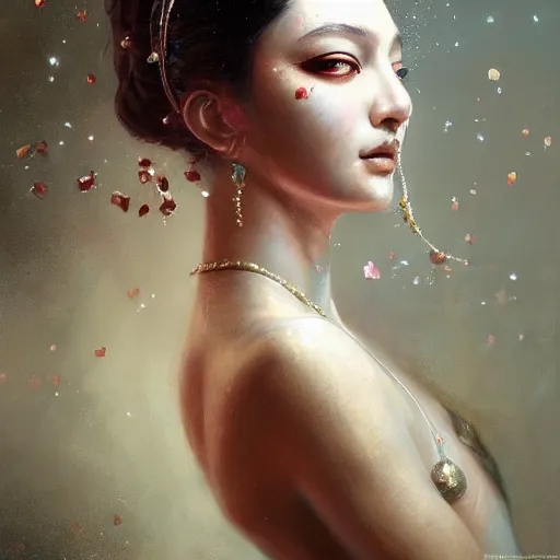 Image similar to a beautiful portrait of a pearl goddess with glittering skin, a detailed painting by greg rutkowski and raymond swanland, featured on cgsociety, fantasy art, detailed painting, artstation hd, photorealistic