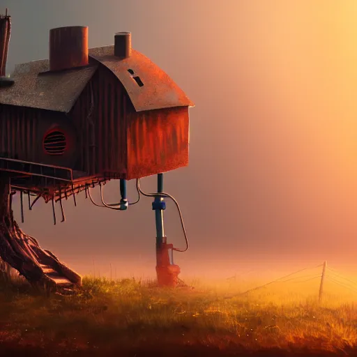 Image similar to a walking wood and metal house with two mechanical legs and two glowing eyes, rust, hyperrealistic, pareidolia, highly detailed, cinematic, single ray of sun, morning, fog, city in background, beautiful, cgssociety, artstation, 8 k, oil painting, digital art