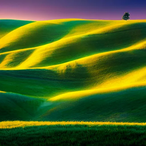 Image similar to https : / / s. mj. run / ixdectgsxzc rolling green hills at dawn. light and shadow. volumetric lighting. award winning photograph