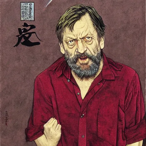 Image similar to slavoj zizek in jojo pose, oil on canvas by takato yamamoto and ruan jia and dave mckean