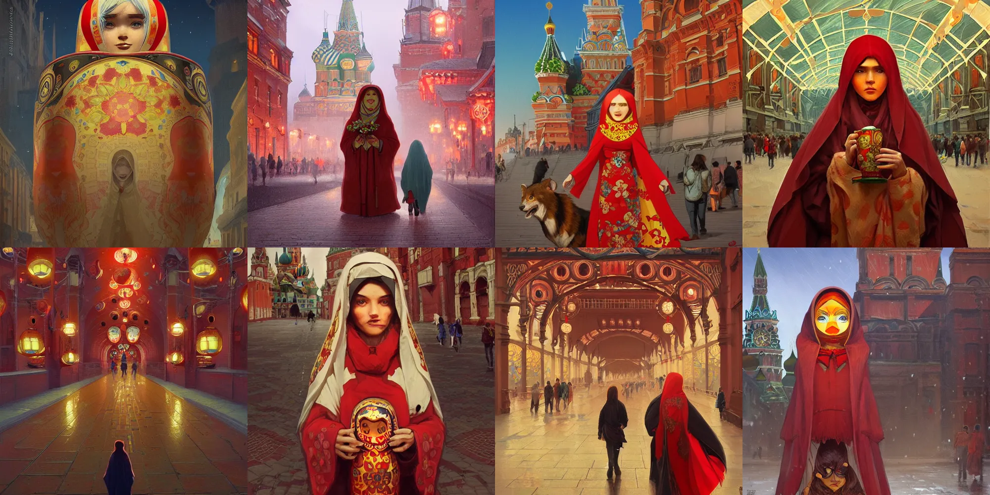 Prompt: matryoshka walking around red square , highly detailed, digital painting, artstation, concept art, illustration, art by Artgerm and greg rutkowski and alphonse mucha