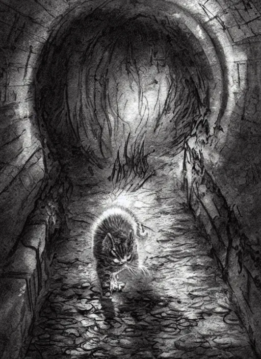 Image similar to portrait, depressed scruffy kitten wanders a scary sewer, watercolor, dramatic lighting, cinematic, establishing shot, extremely high detail, foto realistic, cinematic lighting, pen and ink, intricate line drawings, by Yoshitaka Amano, Ruan Jia, Kentaro Miura, Artgerm, post processed, concept art, artstation, matte painting, style by eddie mendoza, raphael lacoste, alex ross