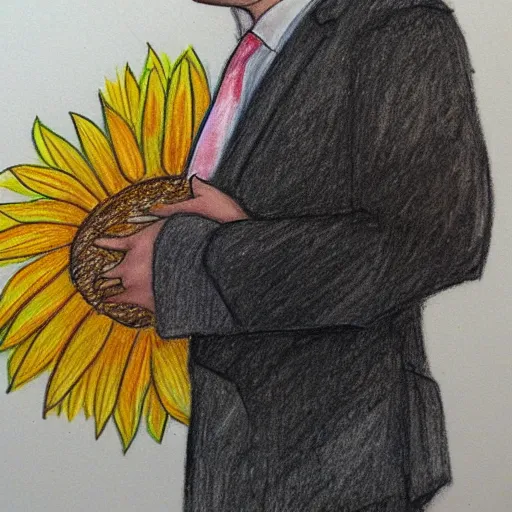 Image similar to man with a sunflower instead of a head wearing a business suit, color pencil sketch