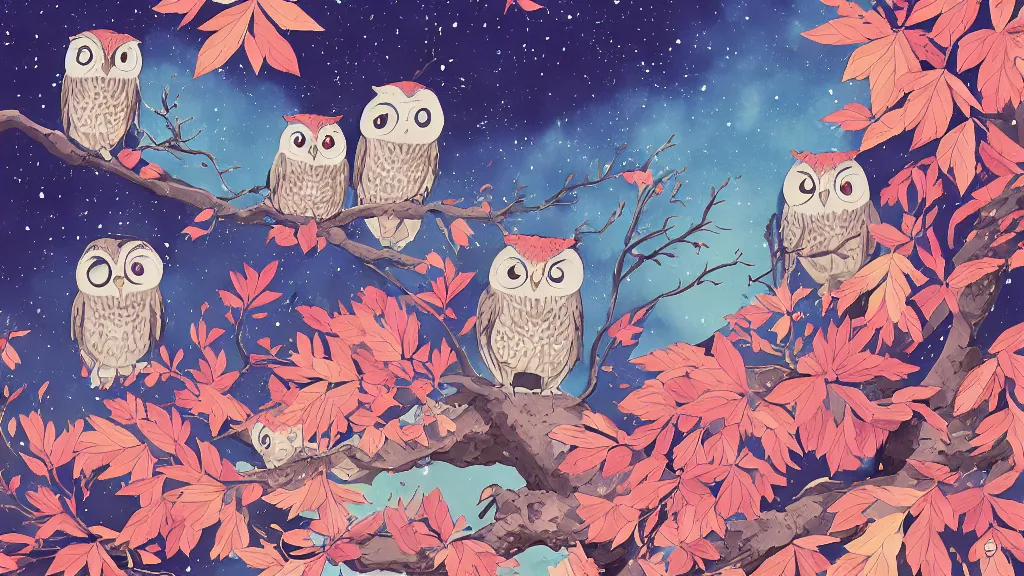 Prompt: very detailed, ilya kuvshinov, mcbess, rutkowski, watercolor studio ghibli illustration of owls flying at night, colorful, leaves on branches, deep shadows, astrophotography, highly detailed, wide shot