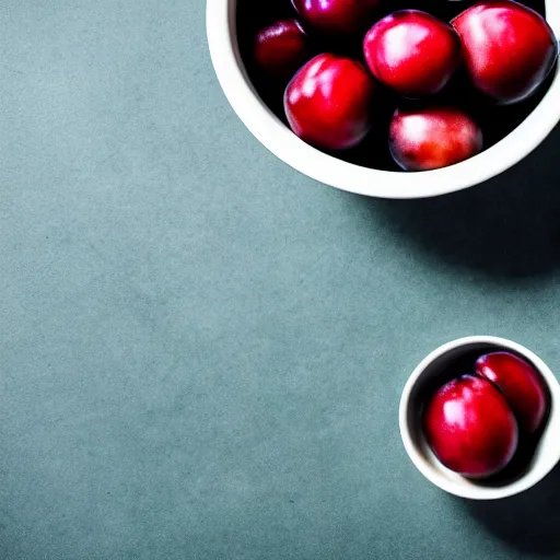 Image similar to photo of a thick porcelain bowl filled with few moist freshly picked plums on a wooden table. volumetric lighting. 4 k. small scale. realistic. top down.