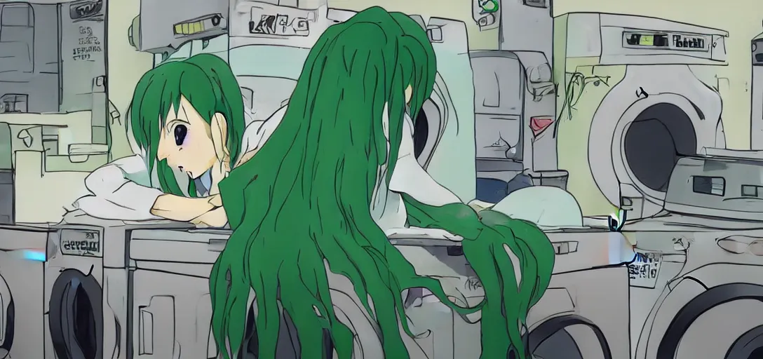 Prompt: a girl with green hair sitting on top of a washing machine inside of a laundromat by Hayao Miyazaki, anime style