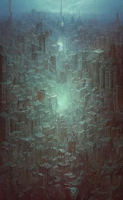 Image similar to an digital art of wild magic hex storm that destroys medieval fantasy city in style of zdislaw beksinski