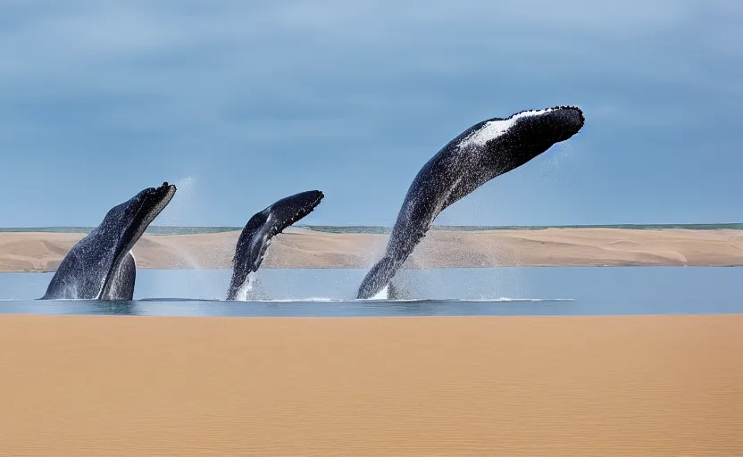 Prompt: whales jumping into sand dunes, photography