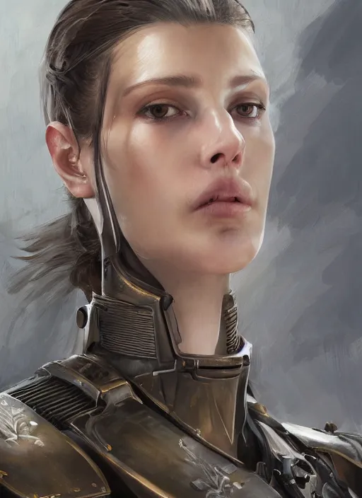 Image similar to a professional painting of a beautiful young female, clothed in military armor, olive skin, long dark hair, beautiful bone structure, symmetrical facial features, intricate, elegant, digital painting, concept art, smooth, sharp focus, illustration, from Metal Gear, by Ruan Jia and Mandy Jurgens and Artgerm and William-Adolphe Bouguerea