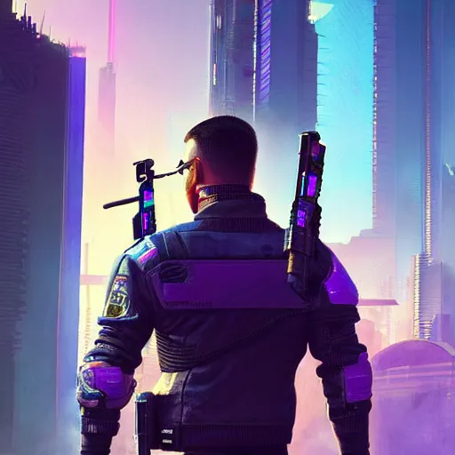 Image similar to cyberpunk 2 0 7 7 cop, purple and blue hour, art by craig mullins