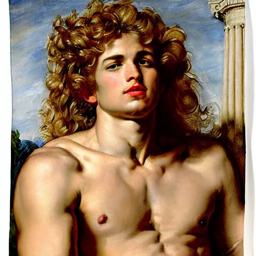 Image similar to beautiful portrait painting of the Greek god Apollo bei ng worshipped by his subjects with long curly blond hair, delicate young man wearing an open poet shirt smiling sleepily at the viewer, symmetrically parted curtain bangs, in love by Peter Paul Rubens and Norman Rockwell