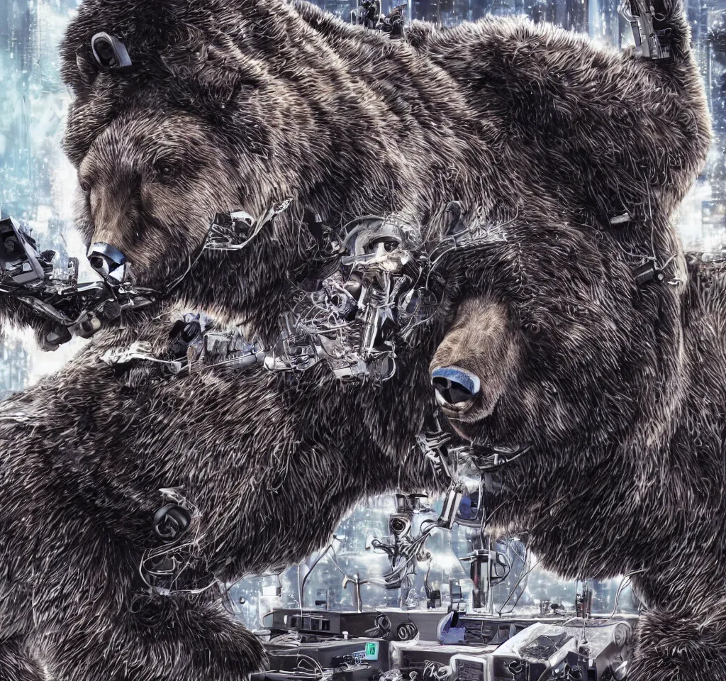 Prompt: a cyborg grizzly bear dj mixing records on stage, photorealistic, highly detailed, sharp focus, illustration, lifelike, highly detailed, intricate, cyberpunk, biomechanics,