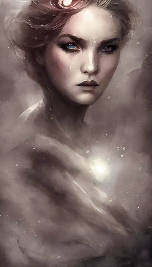 Prompt: Norse goddess of the sea character portrait, in the style of Charlie Bowater and Tom Bagshaw, lean face, cinematic lighting, beautiful, elegant, watercolor, cinematic, portrait, Raphaelite, headroom, headshot photograph