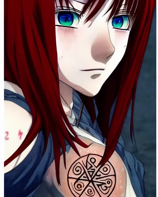 Prompt: Anime as Danila-the-Demonslayer girl cute-fine-face, brown-red-hair pretty face, realistic shaded Perfect face, fine details. Anime. runes-tattoo tattoo-hands, mage blue smoke, hooded outfit realistic shaded lighting by Ilya Kuvshinov katsuhiro otomo ghost-in-the-shell, magali villeneuve, artgerm, rutkowski, WLOP Jeremy Lipkin and Giuseppe Dangelico Pino and Michael Garmash and Rob Rey