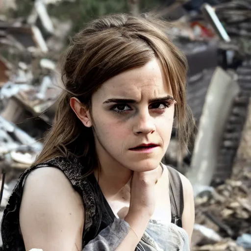 Prompt: concerned and tired emma watson in the ruins of civilization after the apocalypse, shredded and ruined dirty clothes, hd photo, high detail, shallow depth of field, face focus