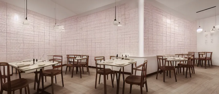 Image similar to a beautiful simple interior render of small roasted string hotpot restaurant restaurant yan'an, wall corner, from china, red paper wall and white tile floor, rectangle white porcelain table, fine simple delicate structure, chinese style, simple composition, simple style structure decoration design, victo ngai, 4 k hd